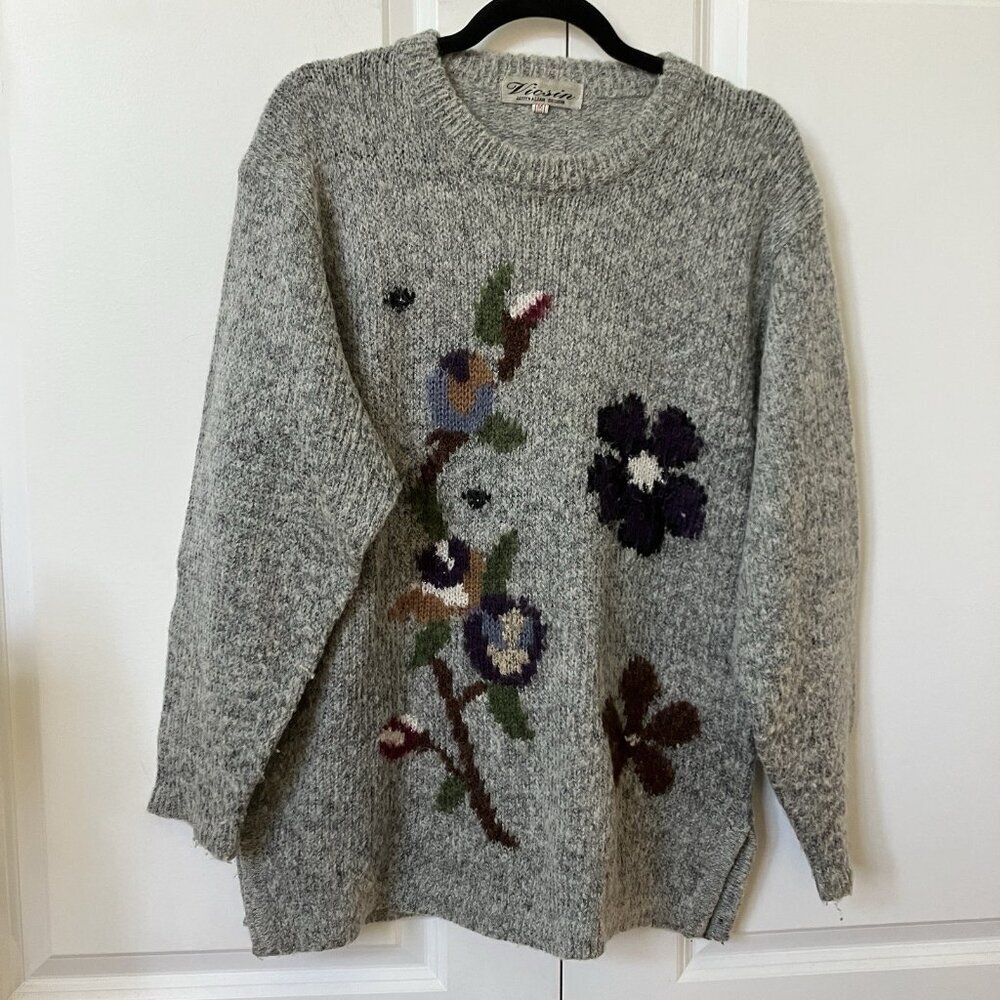 Vintage Vicsin Sweater Womens M Gray Floral Mohair Blend Boho Oversized Granny‎